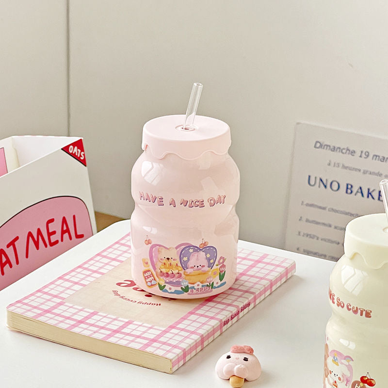 Milk Bottle: Ceramic Water Bottle with Lip & Strew