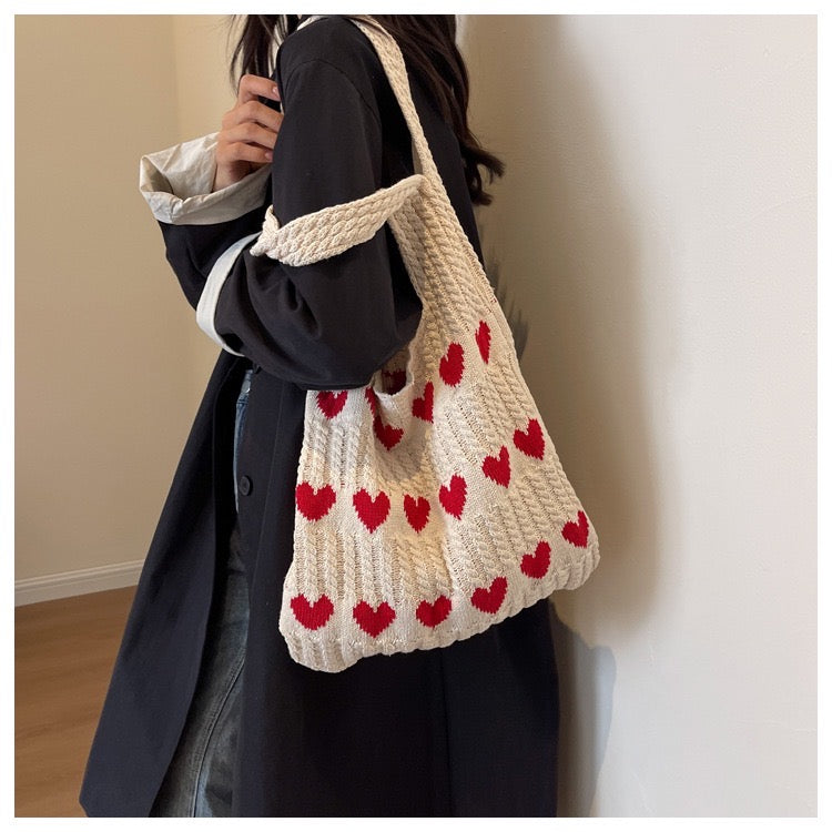 Knit Tote Bag Love Heart Pattern