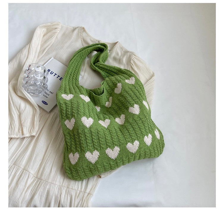 Knit Tote Bag Love Heart Pattern