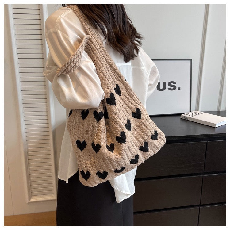 Knit Tote Bag Love Heart Pattern