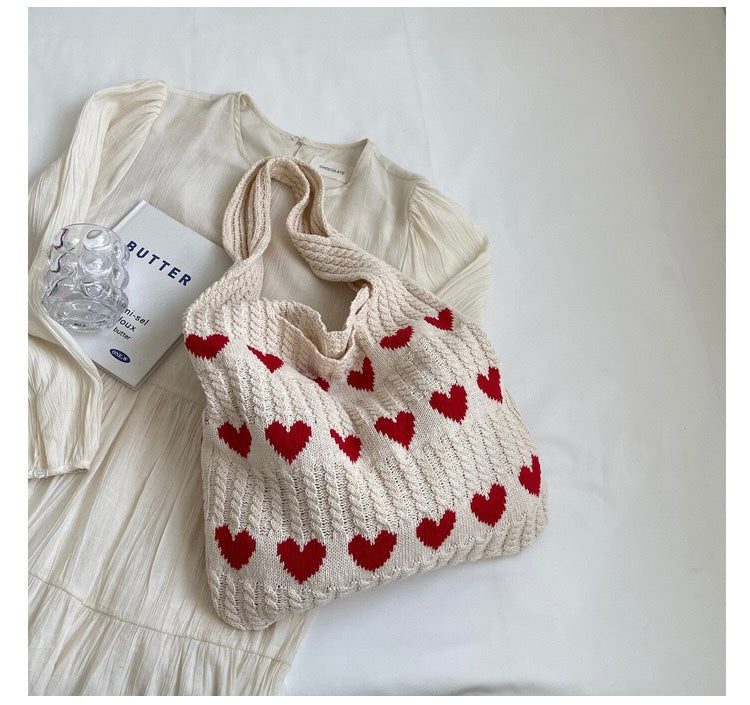 Knit Tote Bag Love Heart Pattern