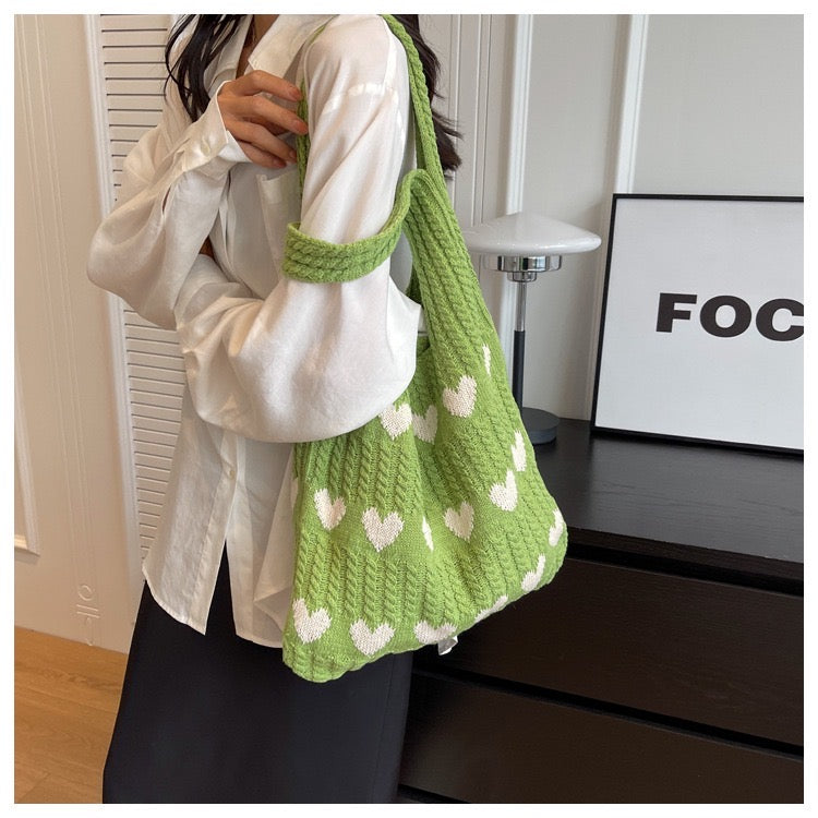Knit Tote Bag Love Heart Pattern