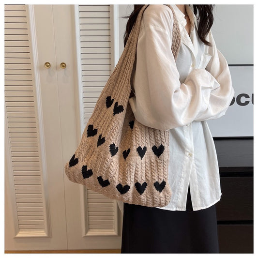 Knit Tote Bag Love Heart Pattern
