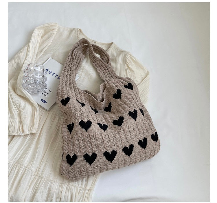 Knit Tote Bag Love Heart Pattern