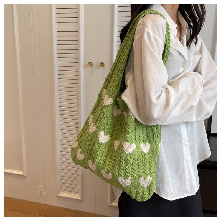 Knit Tote Bag Love Heart Pattern