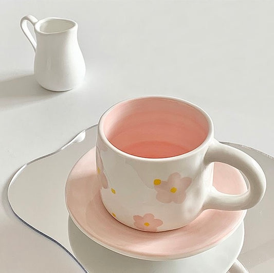 Falling Sakura: Hand-painted Ceramic Coffee Cup and Saucer