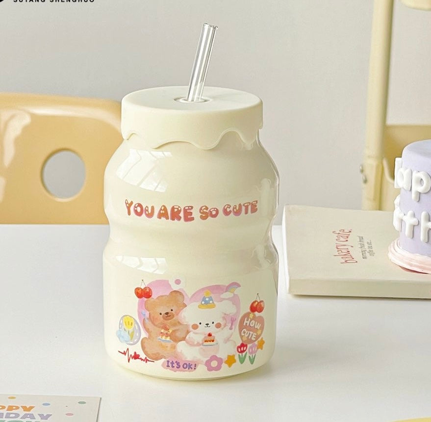 Milk Bottle: Ceramic Water Bottle with Lip & Strew