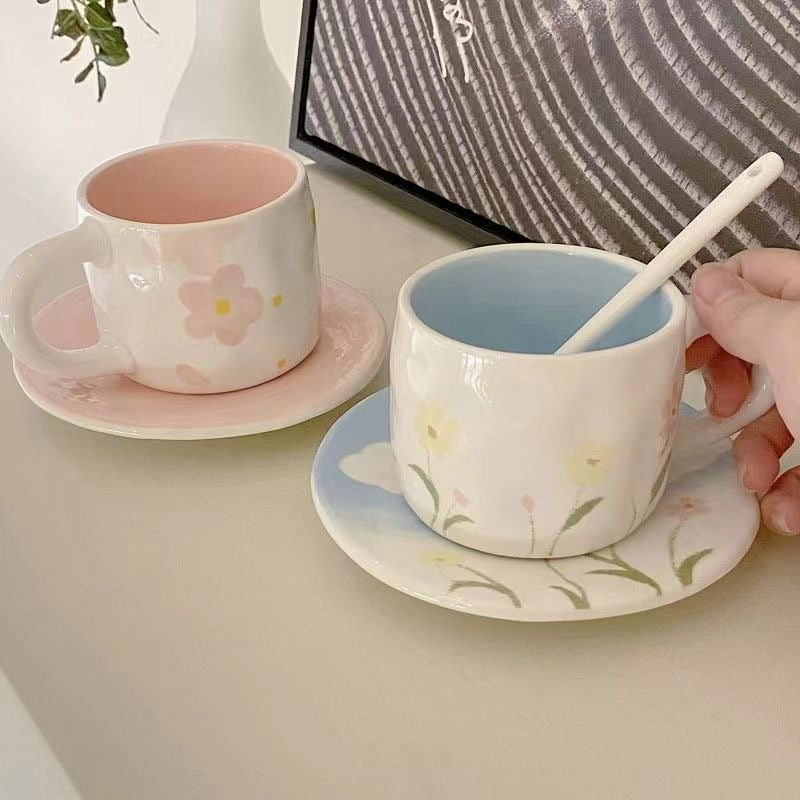 Fleur Sea: Ceramic Coffee Mug with Saucer Set