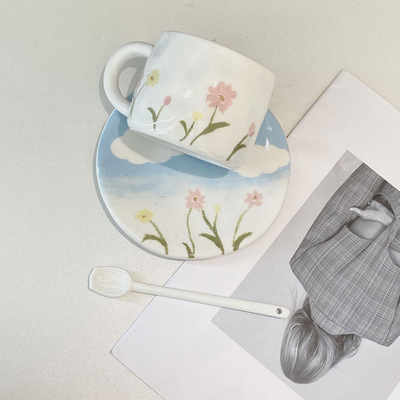 Fleur Sea: Ceramic Coffee Mug with Saucer Set