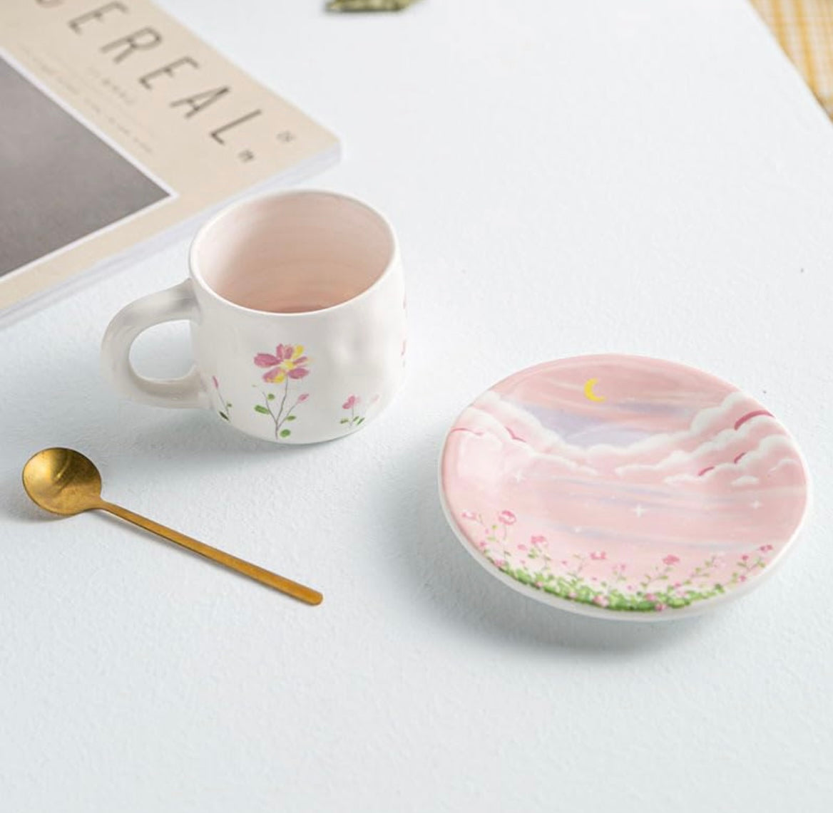 Fleur Sea: Ceramic Coffee Mug with Saucer Set