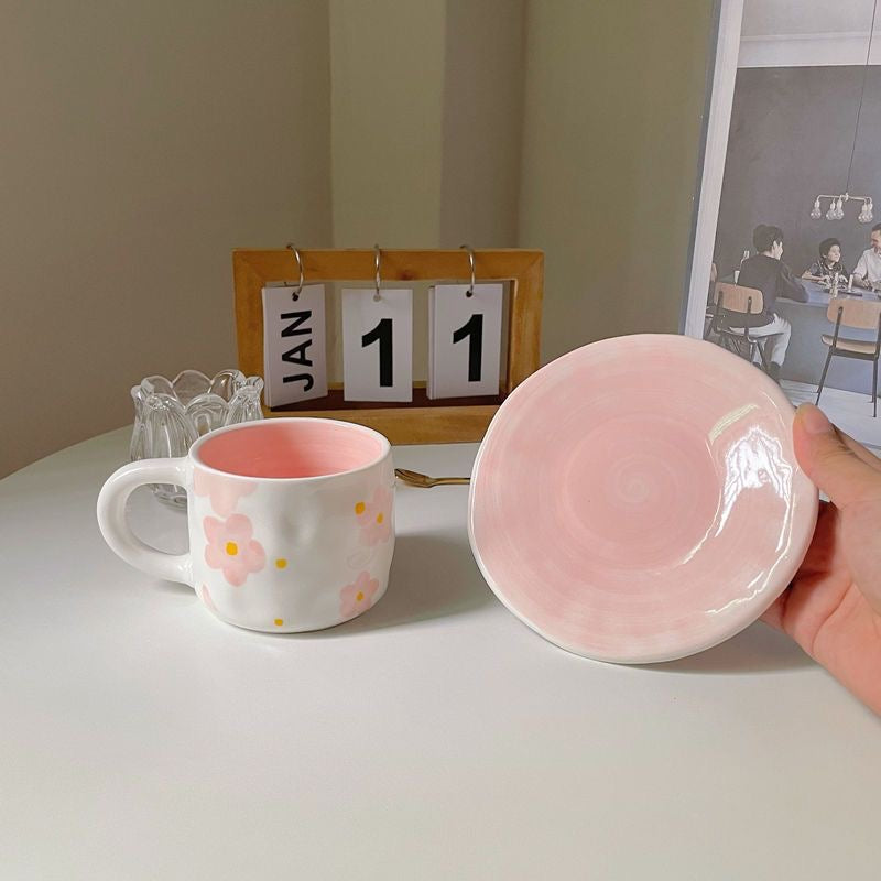 Falling Sakura: Hand-painted Ceramic Coffee Cup and Saucer