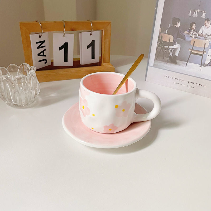 Falling Sakura: Hand-painted Ceramic Coffee Cup and Saucer