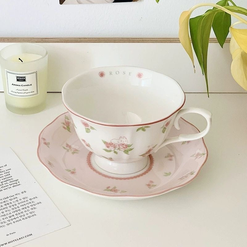 Rosy Bunny: French Style Coffee Cup Set with Saucer