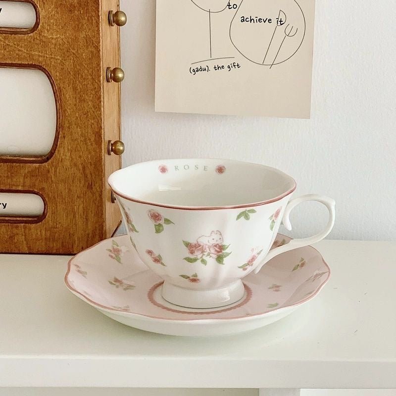 Rosy Bunny: French Style Coffee Cup Set with Saucer