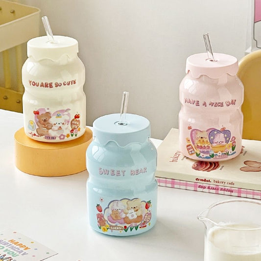 Milk Bottle: Ceramic Water Bottle with Lip & Strew