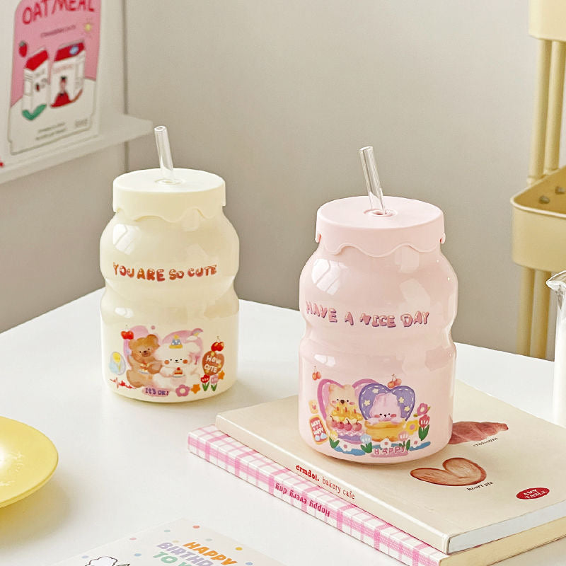 Milk Bottle: Ceramic Water Bottle with Lip & Strew