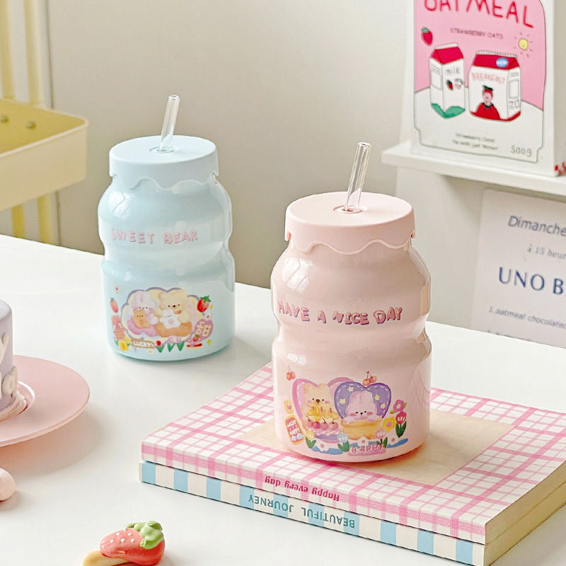 Milk Bottle: Ceramic Water Bottle with Lip & Strew
