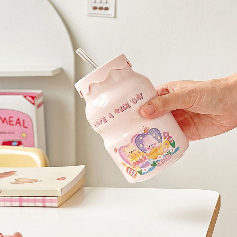Milk Bottle: Ceramic Water Bottle with Lip & Strew