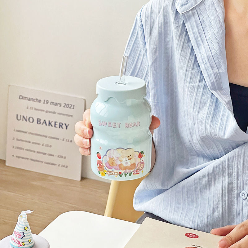 Milk Bottle: Ceramic Water Bottle with Lip & Strew