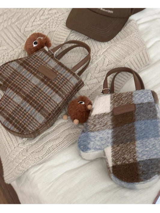 Vintage & Mini Plaid Woolen Handbag with Fur Ball Decor