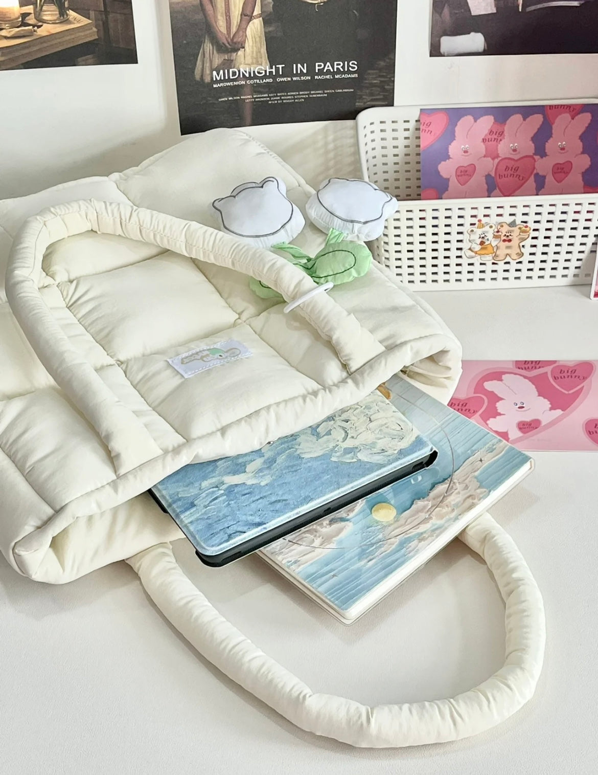 Fleur Puffer Tote Bag with Flower Pendant